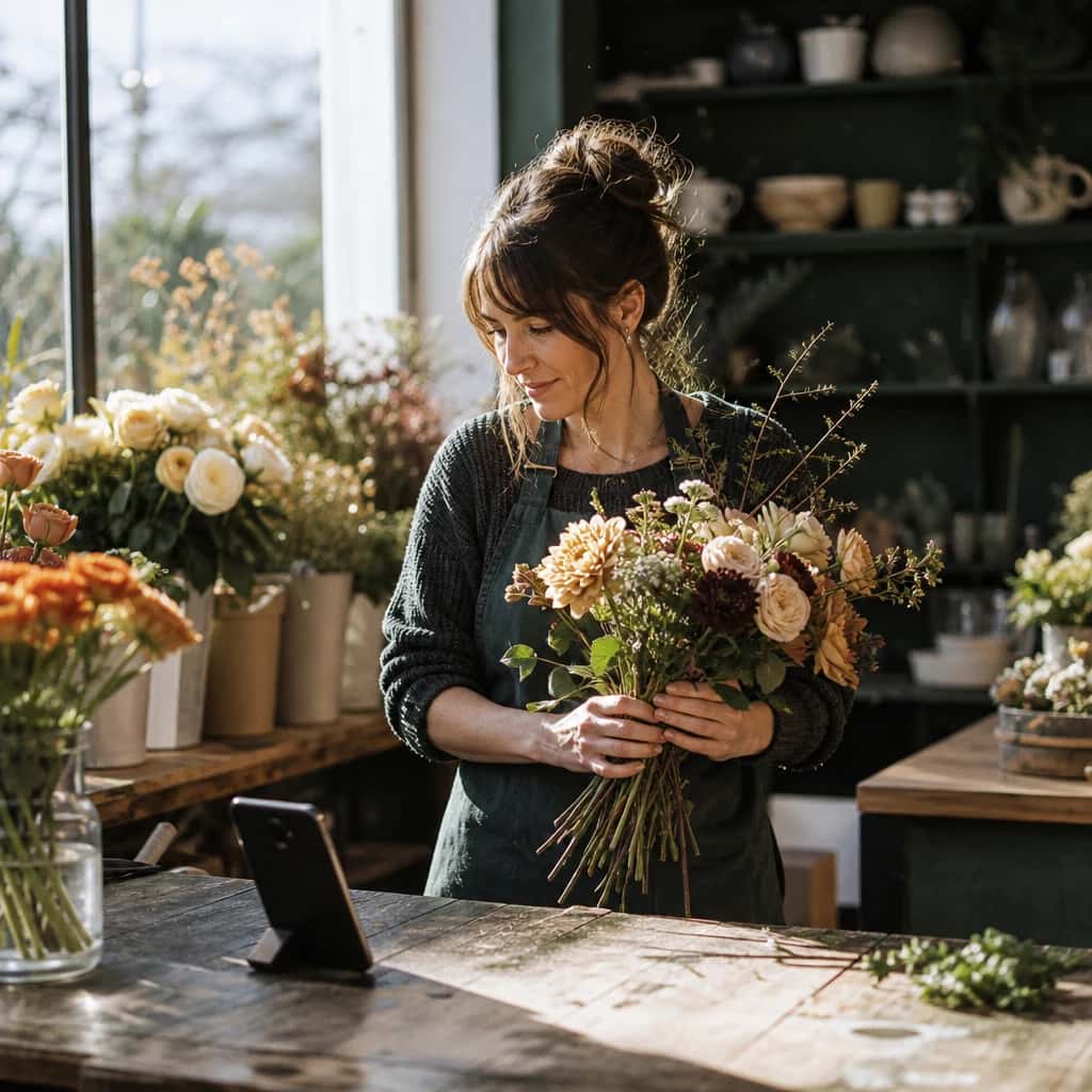Camille, fleuriste dans sa boutique