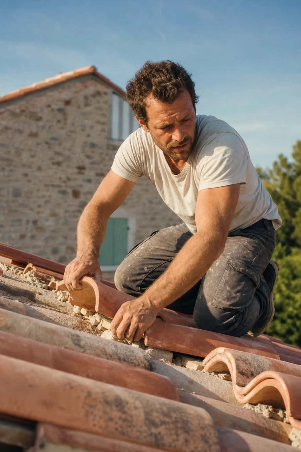 Marc, maçon au travail sur un toit