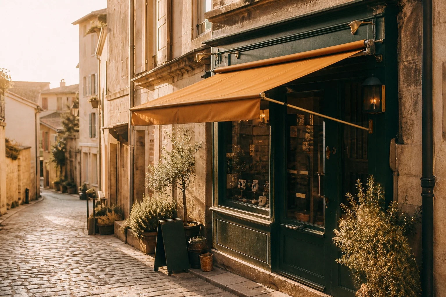 Devanture d'un commerce indépendant sur une rue pavée au soleil couchant